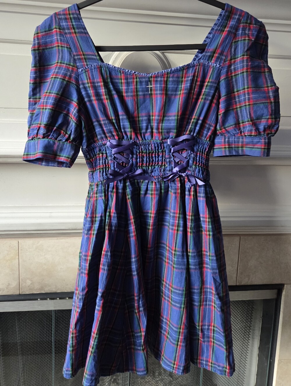 Liz Lisa Blue Tartan Plaid Lace Up Dress Puff Sleeve J-Fashion Size S